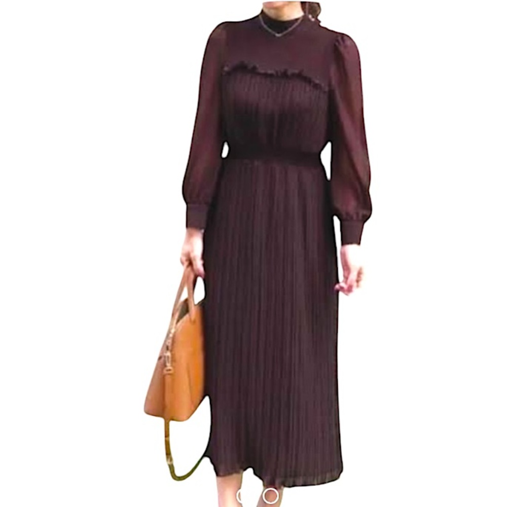 NWOT Zara Brown Collar Pleated Longsleeve Mix Dress Size XS